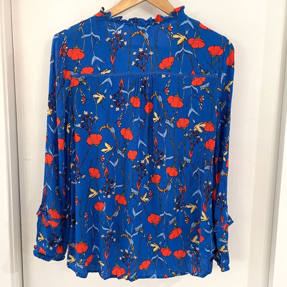 For the Republic Women's Size S Blue Ruffle Floral Long Sleeve Blouse V-Neck EUC - Picture 2 of 6